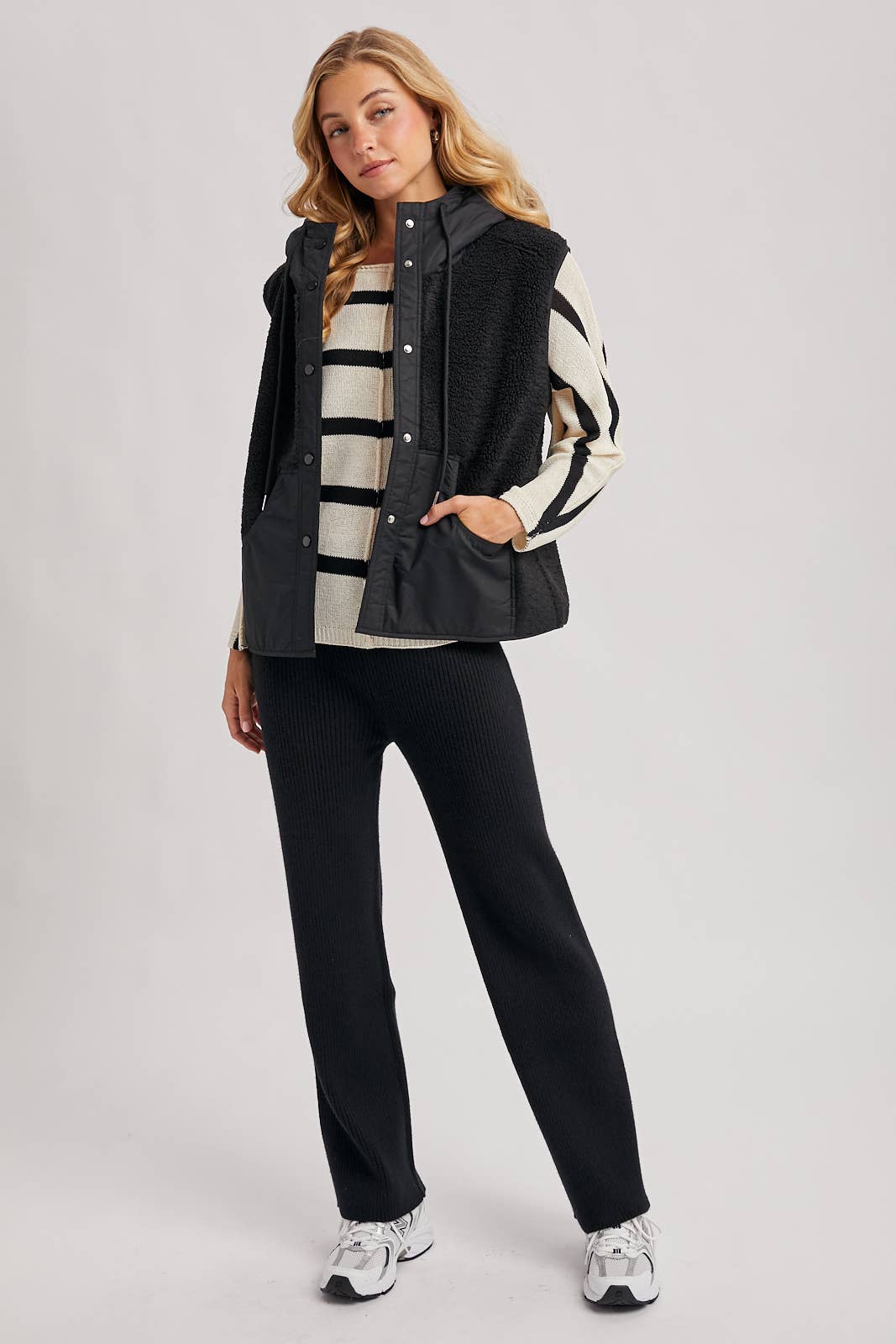 SHERPA FLEECE HOODED VEST WITH FAUX SUEDE INNER