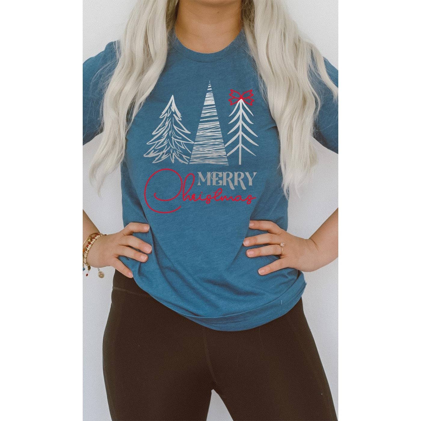 Merry Christmas, Silver Pine Trees, Red Bow, Holiday Tee