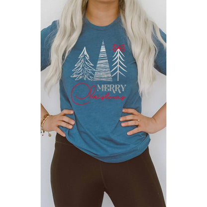 Merry Christmas, Silver Pine Trees, Red Bow, Holiday Tee
