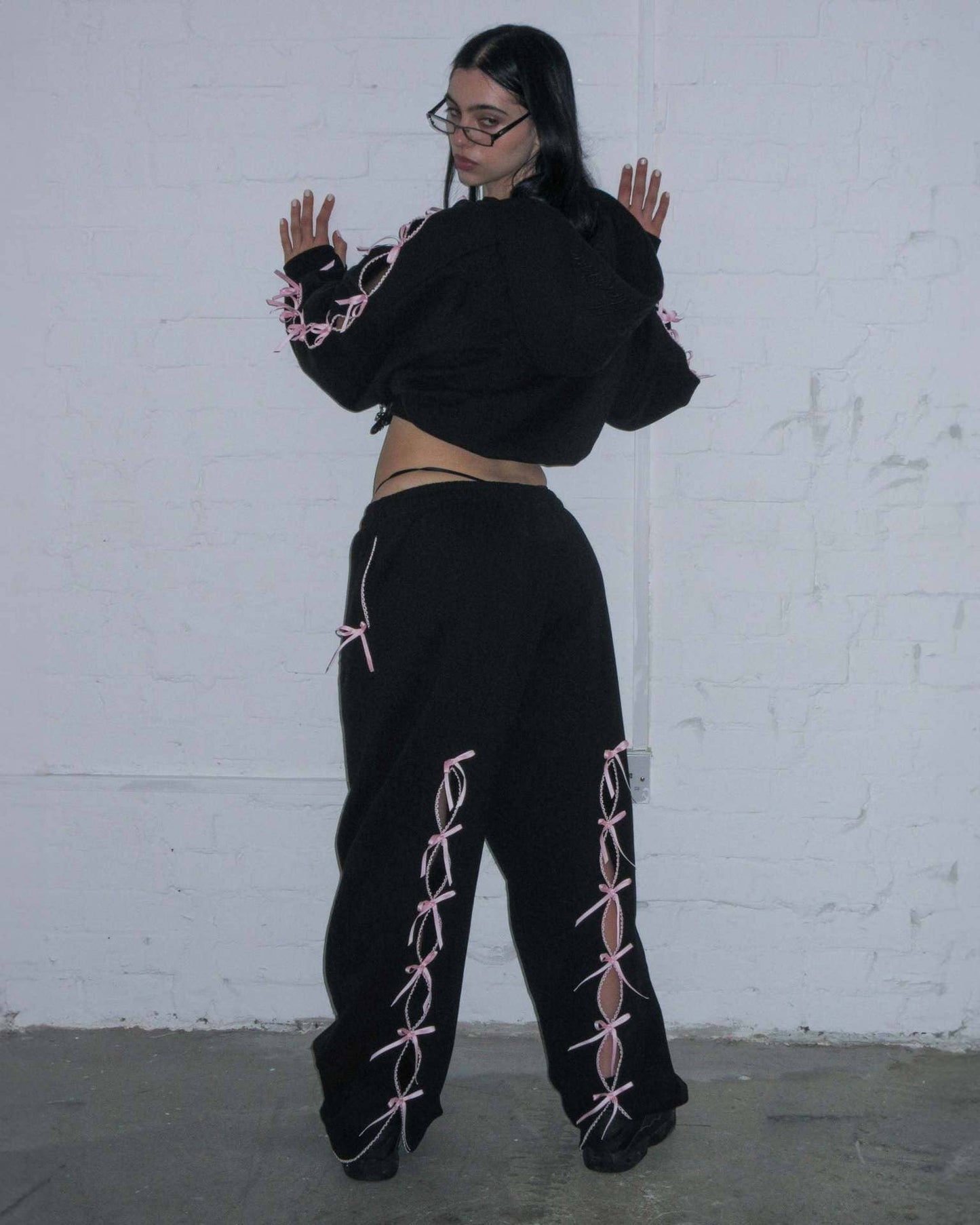 Black Solid color bow velvet casual hollow sweatshirt sports pants