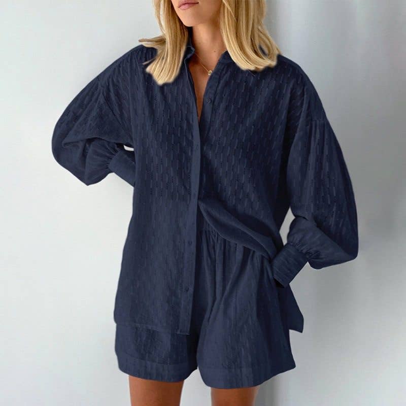 Summer Women's Blouse Bubble Sleeve Shorts Set