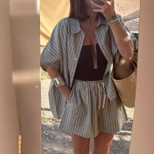 Summer Striped Shirt Pocket Shorts Loose Casual Set Women