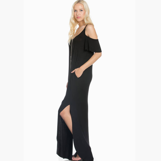 SD5050 Ruffled Cold-shoulder Maxi Dress: M / Black