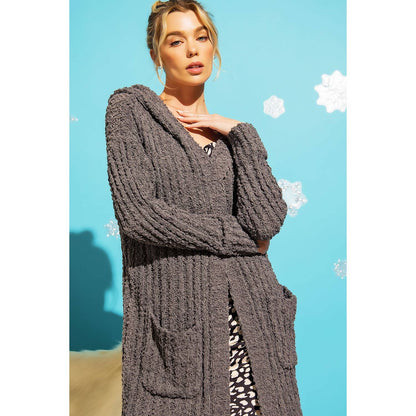 RIBBED POPCORN KNIT LONG OPEN HOODIE CARDIGAN: Adobe / SM