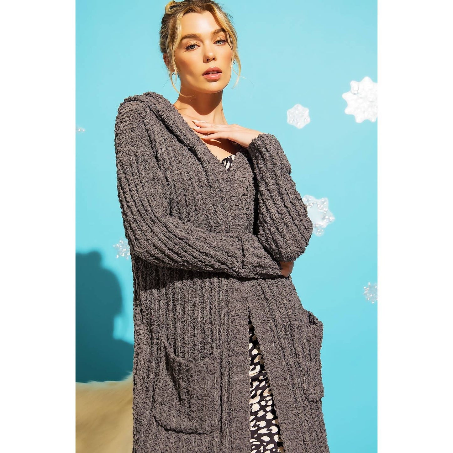 RIBBED POPCORN KNIT LONG OPEN HOODIE CARDIGAN: Adobe / ML