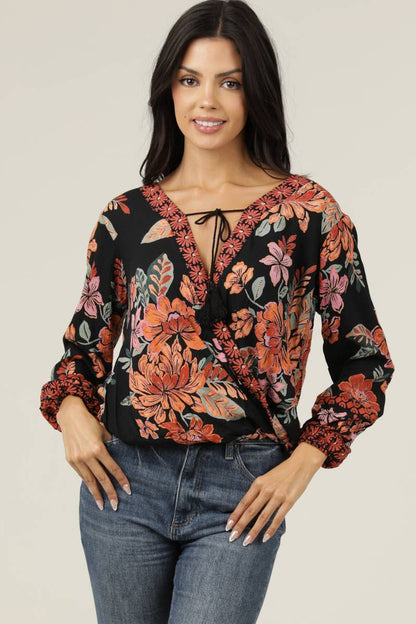 C2D66-A921 SURPLUS NECKLINE LONG SLEEVE PRINTED BLOUSE