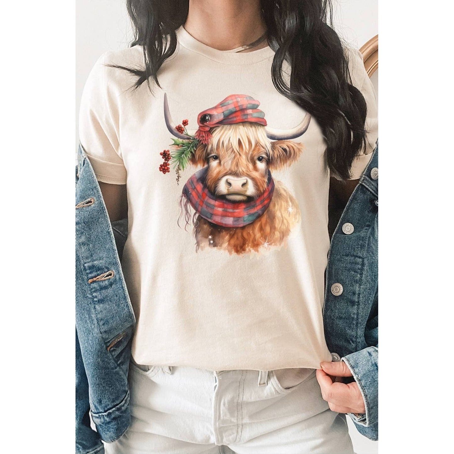 Plaid Cozy Long Horn Christmas Cow Graphic Tee