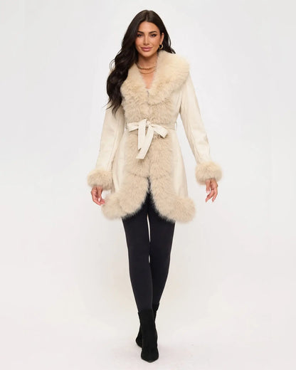 CLAPC0018: Women's Faux Leather Coat, Faux Fur Contrast Trim