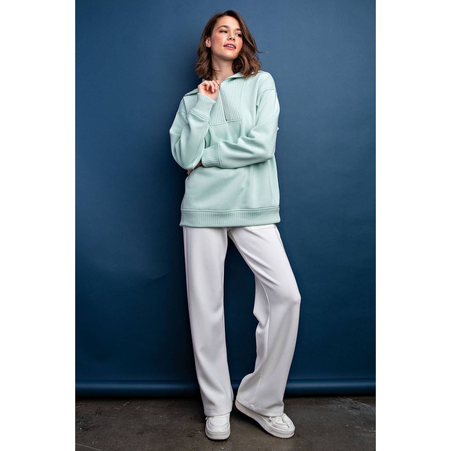FRENCH TERRY RIBBED MOCK NECK PULLOVER: Sky Blue / M