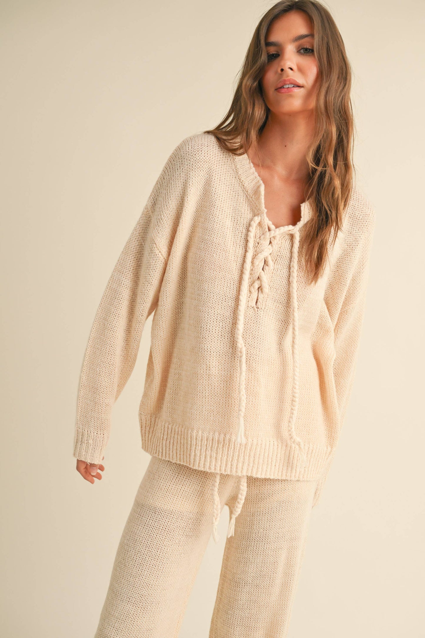 T4077   LACE-UP FRONT SWEATER TOP