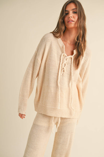 T4077   LACE-UP FRONT SWEATER TOP