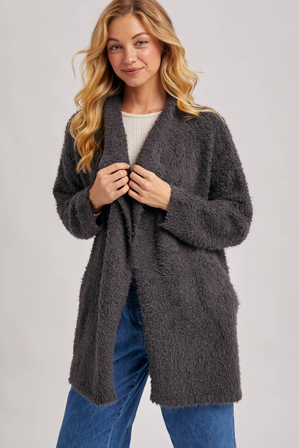 SOFT FUZZY DRAPE FRONT CARDIGAN