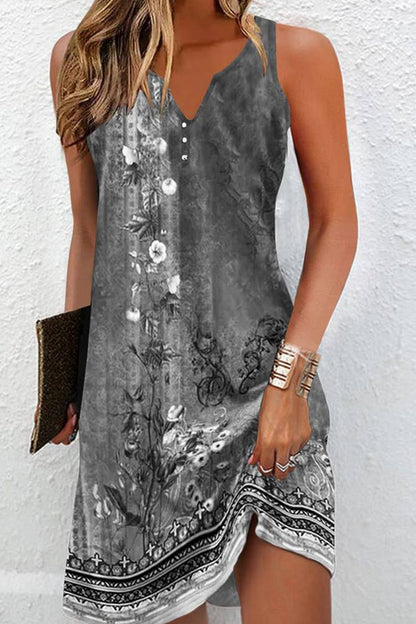 Printed V Neck Button Sleeveless Dress CK09: 07 / XL
