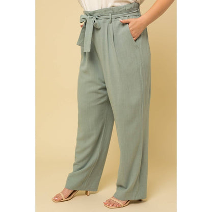 PLUS SIZE PAPERBAG WAIST TIE BELT WIDE LEG PANTS: SAGE / 2X