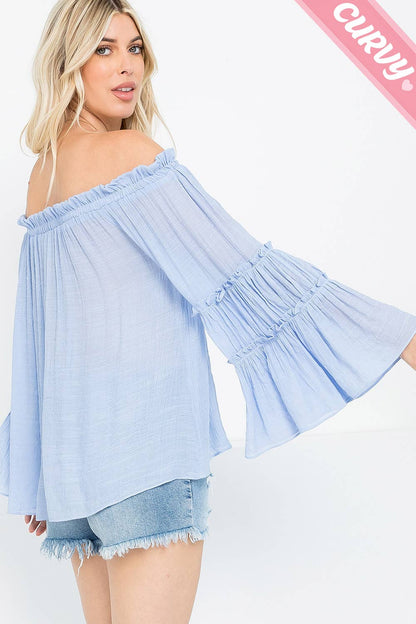 PLUS SIZE  OFF SHOULDER TIERED SLEEVE TOP: ICE BLUE / Plus Size / 2XL