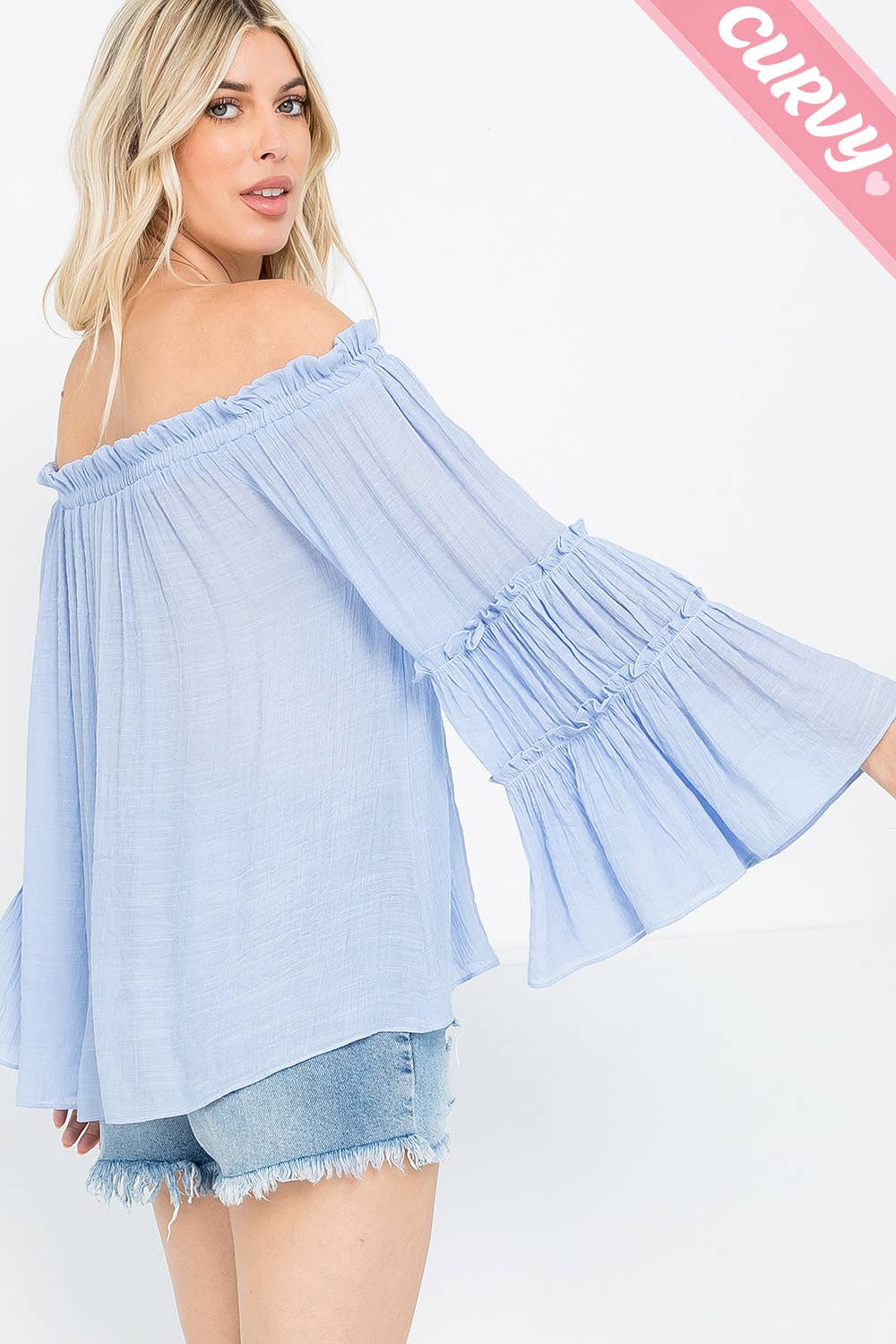 PLUS SIZE  OFF SHOULDER TIERED SLEEVE TOP: ICE BLUE / Plus Size / 3XL