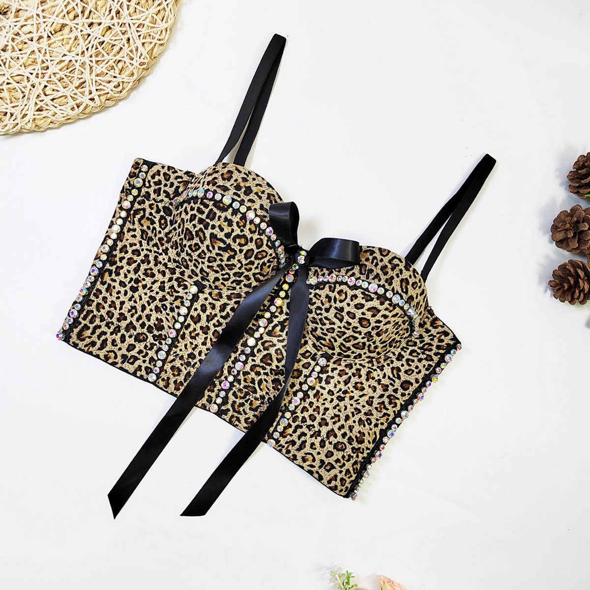 LEOPARD PRINT BOW HERRINGBONE BRA WITH RHINESTONES_CWMM4176