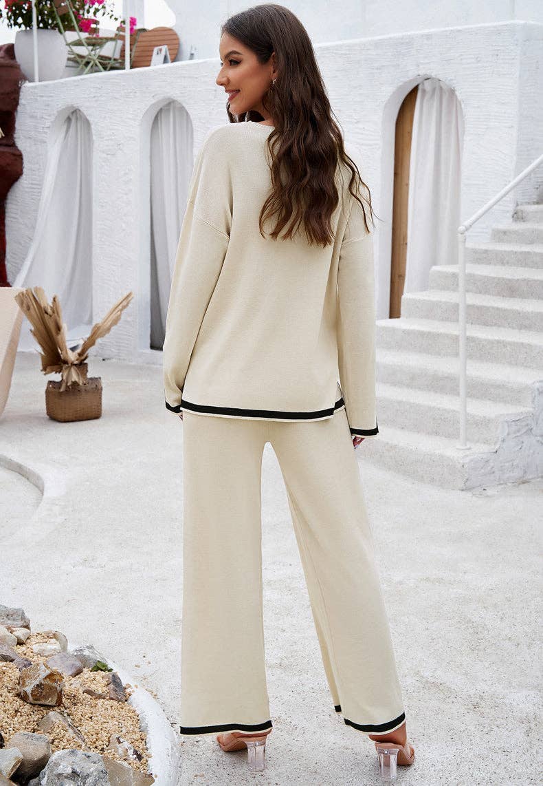Apricot,Solid Color Knit Long Sleeve Sweater Pant Lounge Set