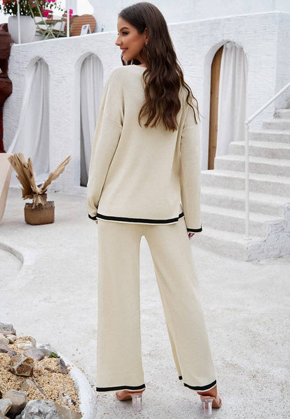 Apricot,Solid Color Knit Long Sleeve Sweater Pant Lounge Set