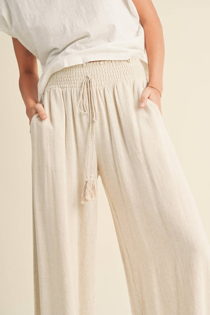 MMP469   COTTON LINEN SMOCKED WAIST PANTS WITH TASSEL