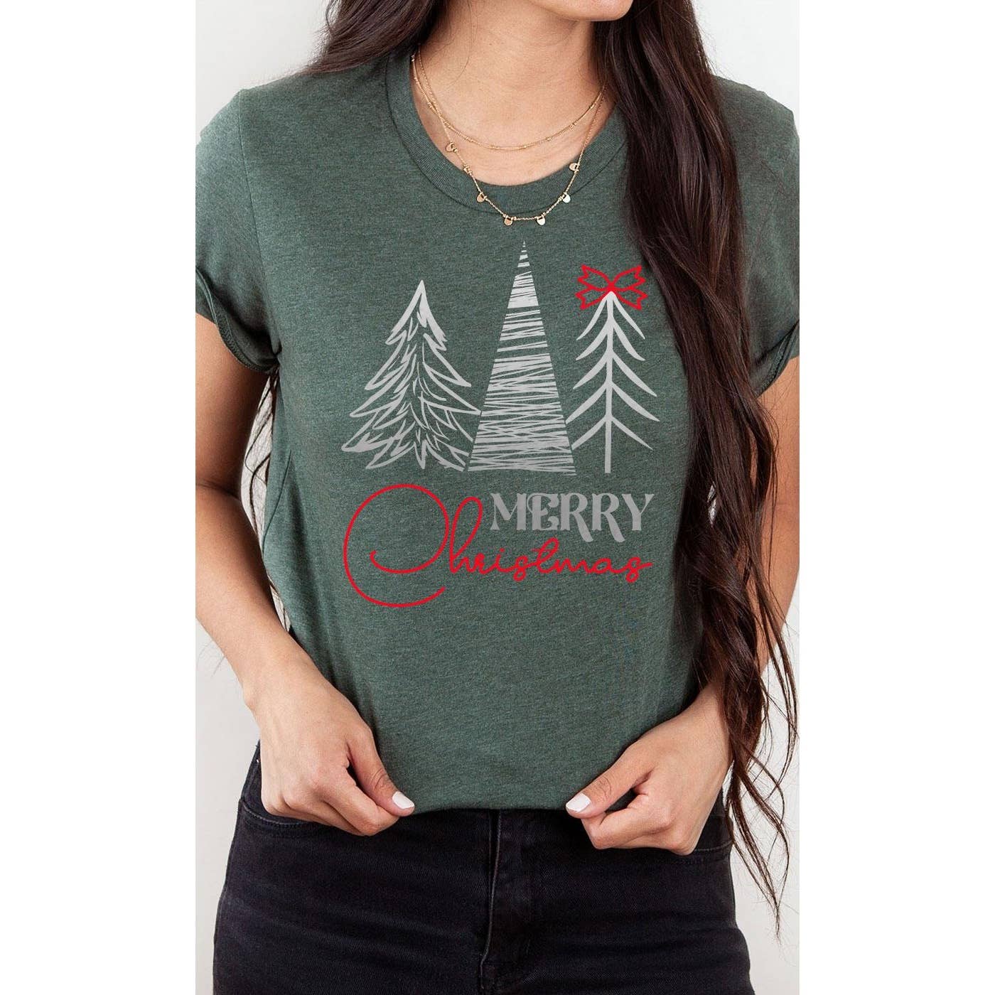 Merry Christmas, Silver Pine Trees, Red Bow, Holiday Tee
