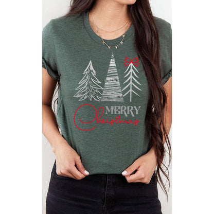 Merry Christmas, Silver Pine Trees, Red Bow, Holiday Tee