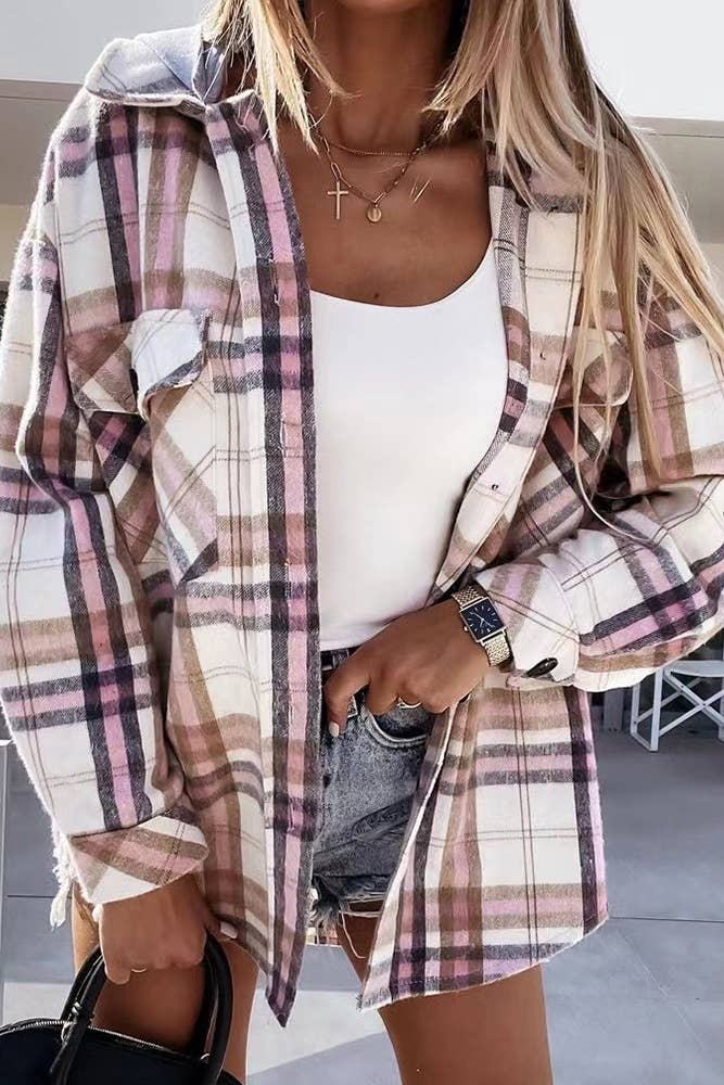 Plaid Single-breasted Detachable Hooded Shacket TOPW1575