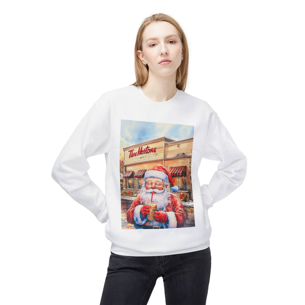 Santa with an Iced Coffee at Tim Horton's Cozy Unisex Christmas Crewneck Sweatshirt