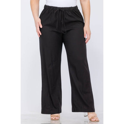PLUS SIZE LINEN ELASTIC WAIST WIDE LEG PANTS: Black / 3X