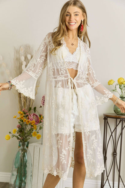 CEJ2136A - LACE & CROCHET SLEEVE LONG KIMONO