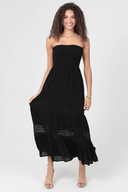 C4D78-ASIS LACE TRIM SMOCKED BUST STRAPLESS MAXI DRESS
