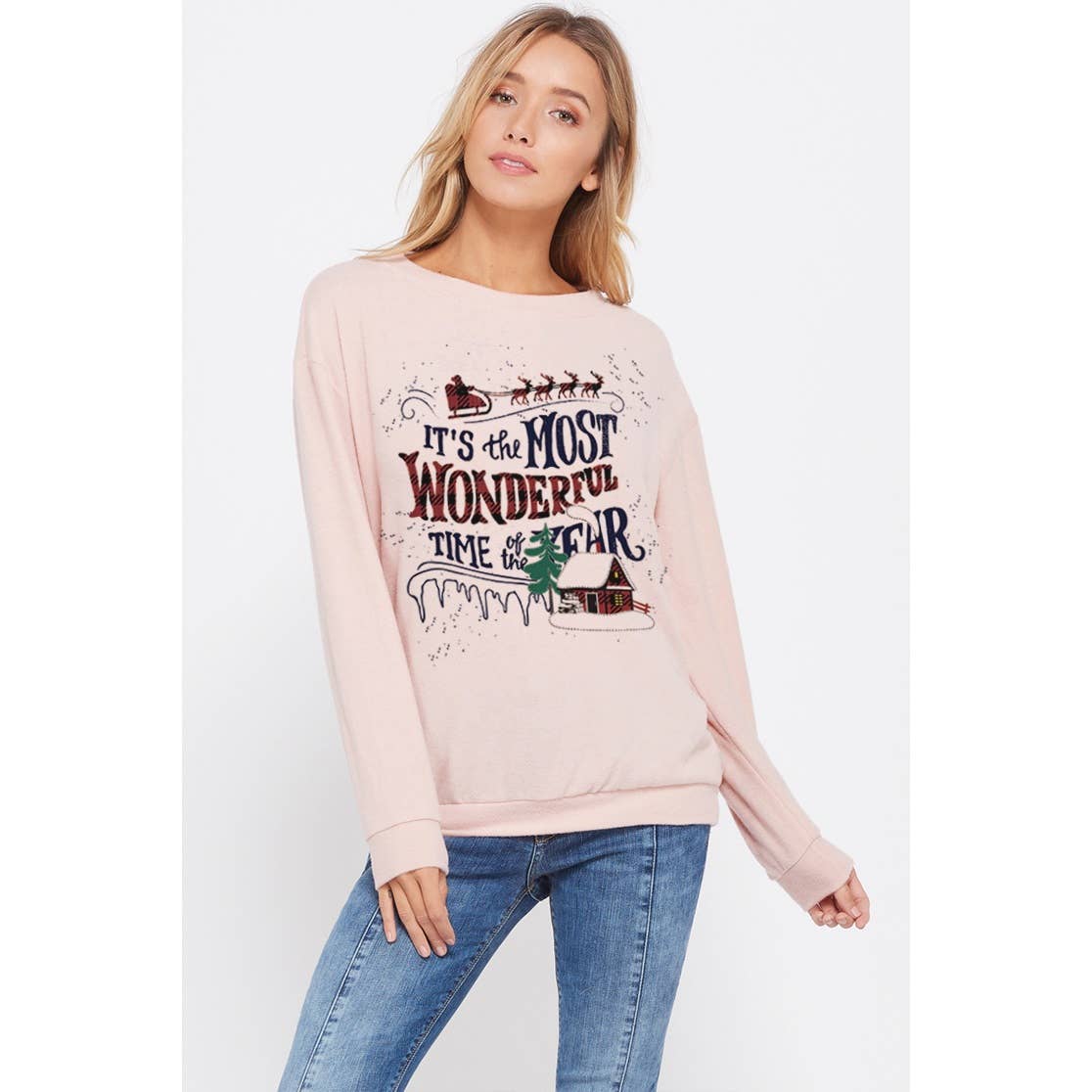 Christmas print long sleeve soft sweatshirt