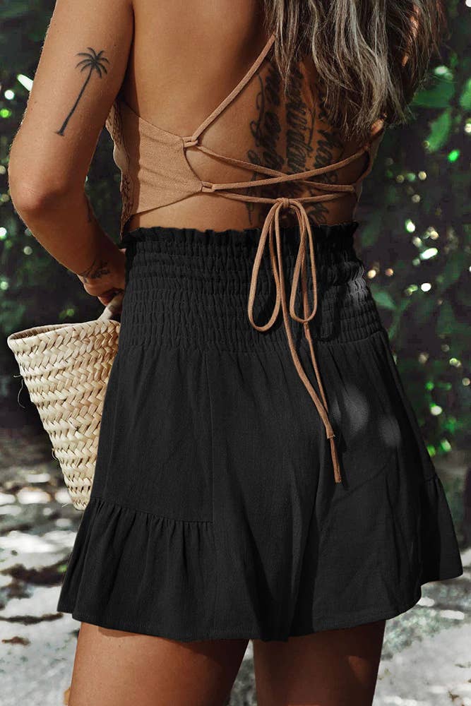 HIgh Waist Tie Knot Ruffle Shorts ZZKF774: Black / XL