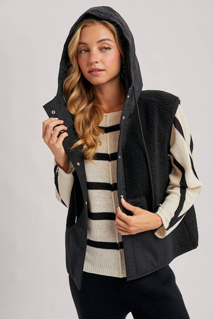 SHERPA FLEECE HOODED VEST WITH FAUX SUEDE INNER