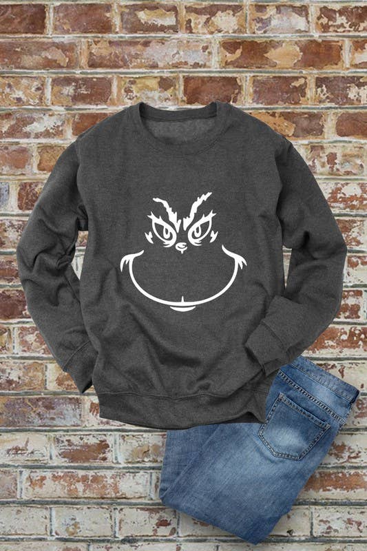 Grinch Face, Christmas, Unisex Crewneck Fleece Sweatshirts: Charcoal / S