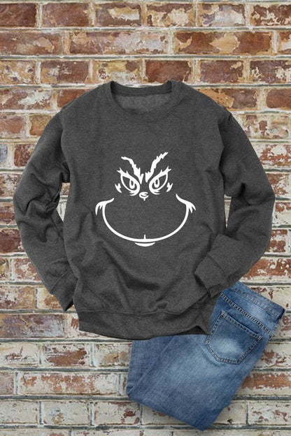 Grinch Face, Christmas, Unisex Crewneck Fleece Sweatshirts: Charcoal / M