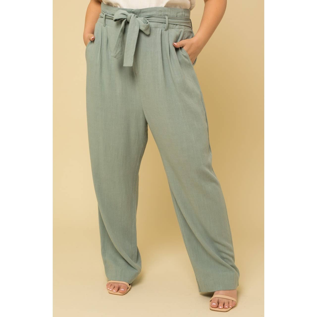 PLUS SIZE PAPERBAG WAIST TIE BELT WIDE LEG PANTS: SAGE / 2X