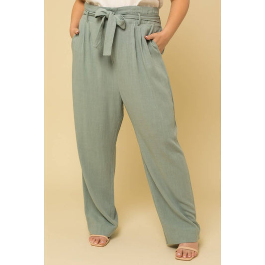 PLUS SIZE PAPERBAG WAIST TIE BELT WIDE LEG PANTS: SAGE / 3X