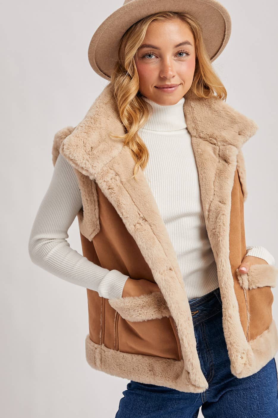 FAUX SUEDE WITH FAUX SHEARLING LINING TRIM VEST