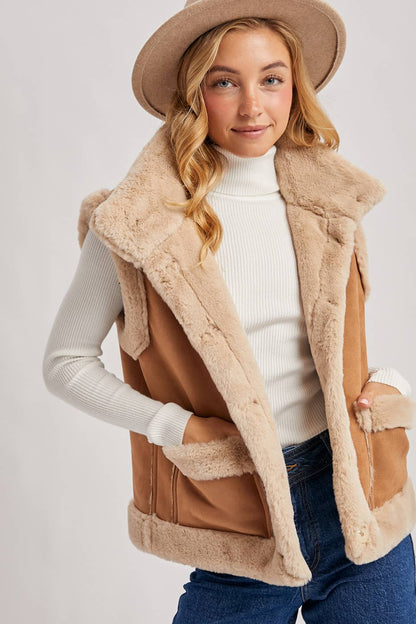 FAUX SUEDE WITH FAUX SHEARLING LINING TRIM VEST